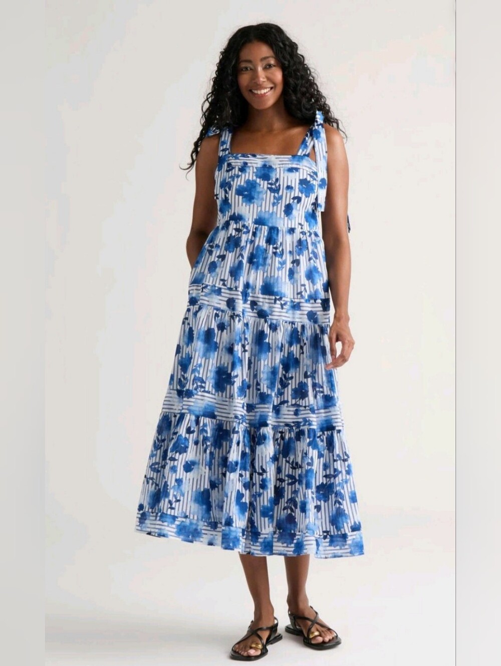 Mexx Women’s Floral Woven Strap Tiered Dress, 2 Side Pocket;Flowy Skirt